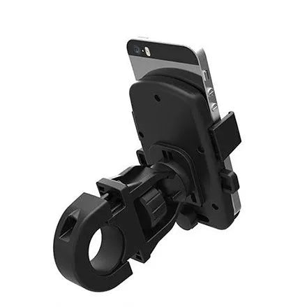 Black ABS plastic bicycle phone holder with dual-layer clamp and security rope for mobile phones.