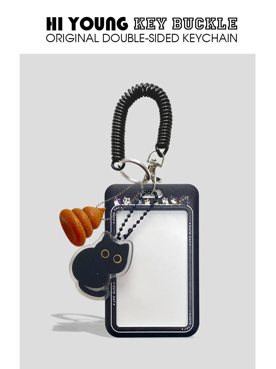 Plastic card holder with black cat cartoon design and ferrule pendant for bus, subway and student ID cards