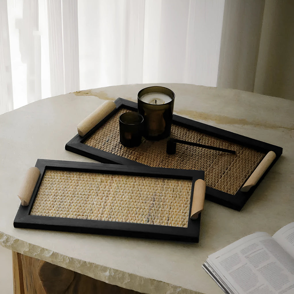 Pine wood dining tray with compartments in elegant house design, shown in small and large size options