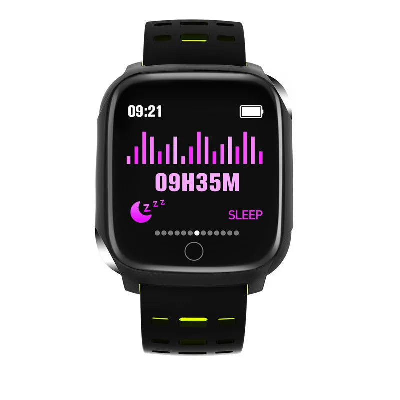 F16 Smart Watch with ECG monitor on a silicone wristband, showing the IPS display and touch-button controls.