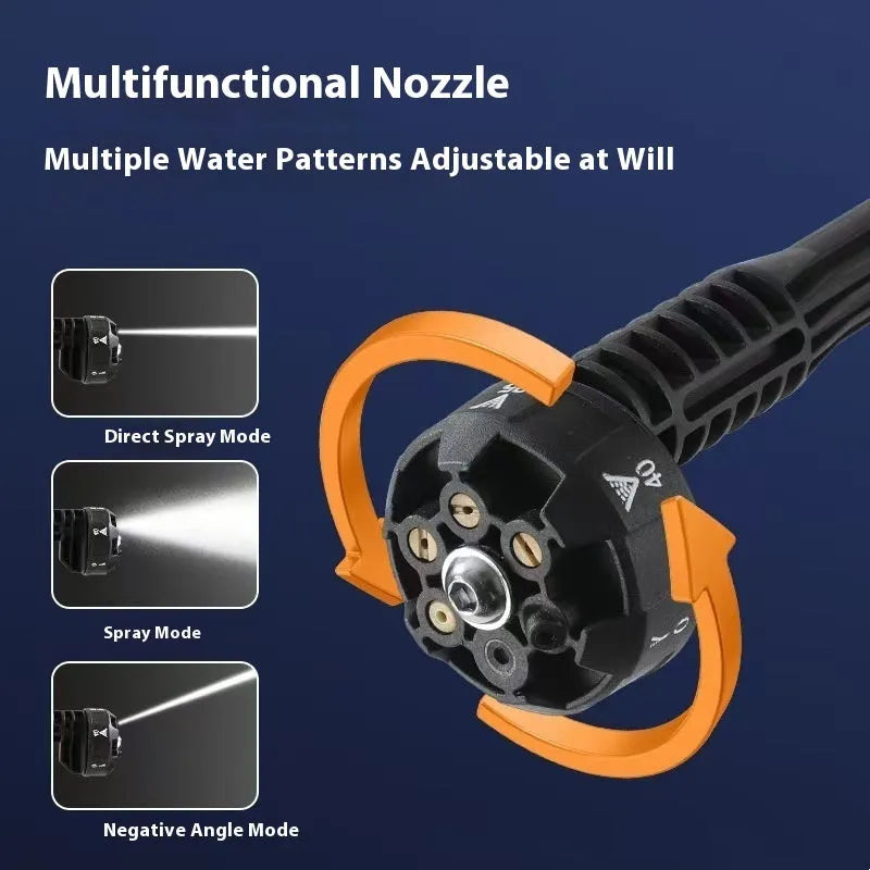 Green wireless high-pressure water gun with six-in-one nozzle and accessories including extension rod and foam pot.