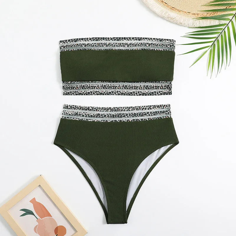 Black leopard pattern strapless two-piece swimsuit with bandeau top and briefs