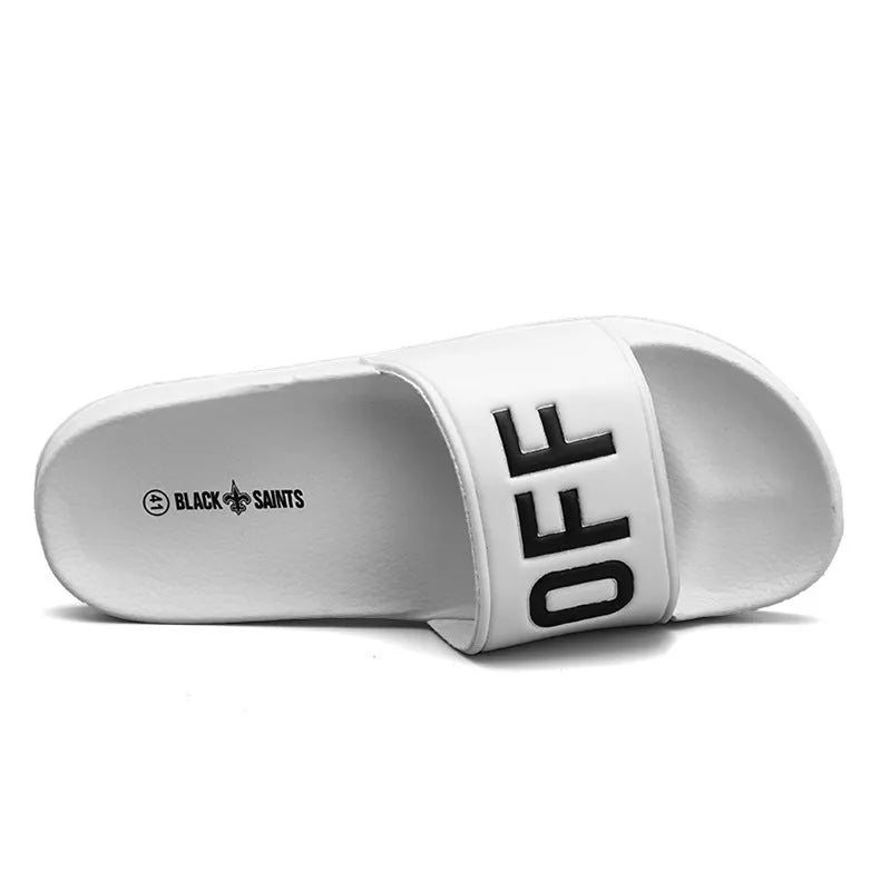 Men's black open toe slippers with rubber soles showing size range 36-46