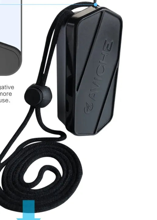 Black wearable air purifier necklace showing portable personal cleaner dimensions