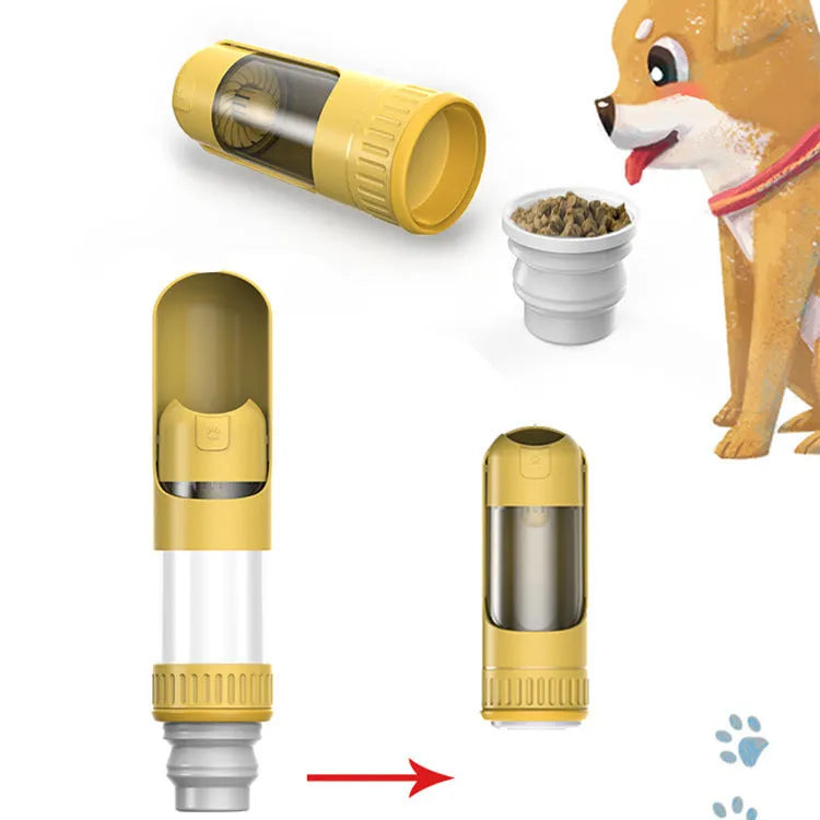 Portable dog water bottle with built-in bowl showing leak-proof mechanism and measuring 215mm