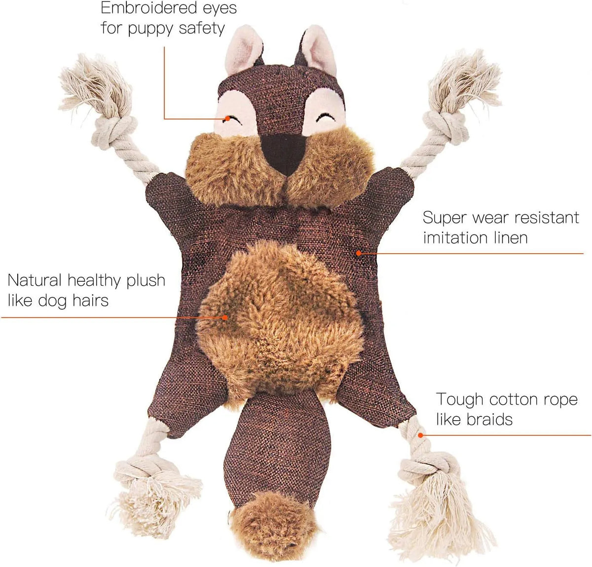 Brown plush fox dog toy with embroidery eyes, cotton rope limbs, and crinkle paper body