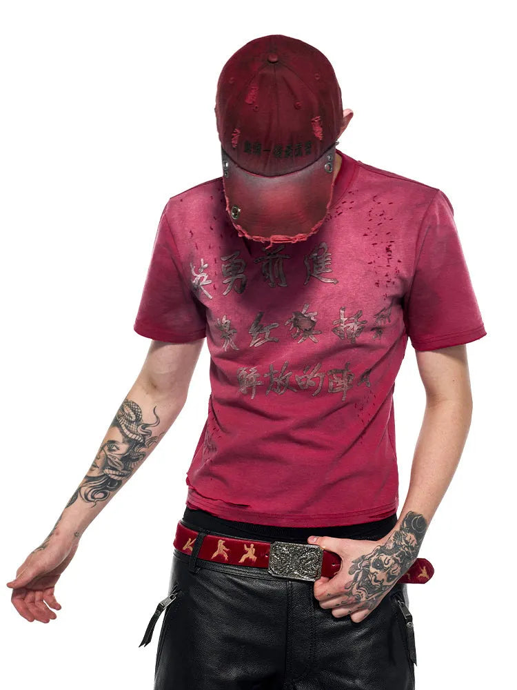 Men's red slim-fit distressed t-shirt with washed finish and short sleeves