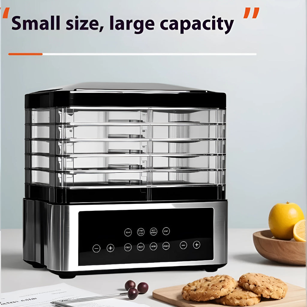 Silver stainless steel household fruit dehydrator food dryer with control panel.