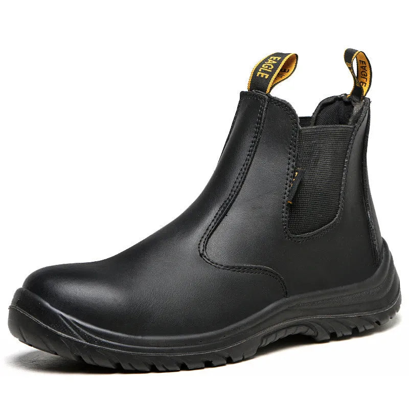 Black high-top leather safety work boots with anti-piercing sole protection on a plain background.