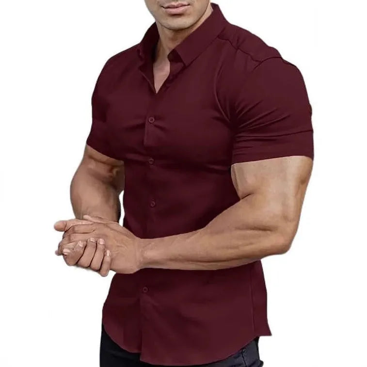 Men's short sleeve printed casual shirt with collar in cardigan style, available in multiple colours.