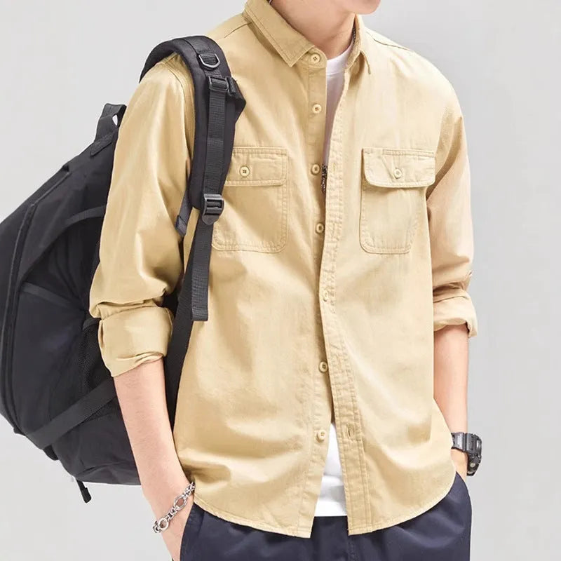 Men's loose-fitting cardigan style long sleeve shirt in polyester fibre fabric