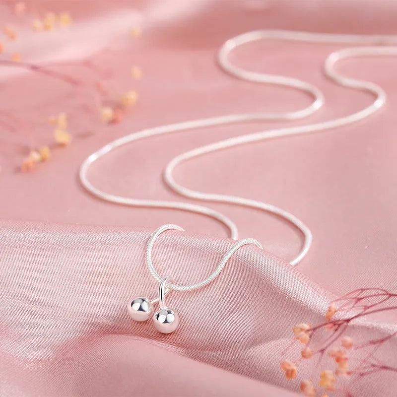 S925 sterling silver cherry necklace with adjustable snake bone chain for women
