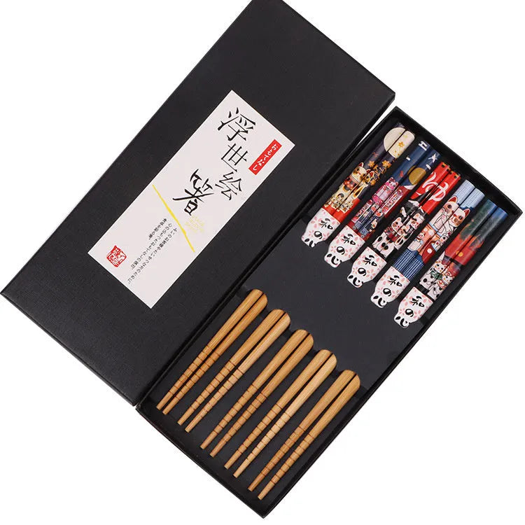 Japanese pattern bamboo chopsticks set with five pairs in gift box packaging