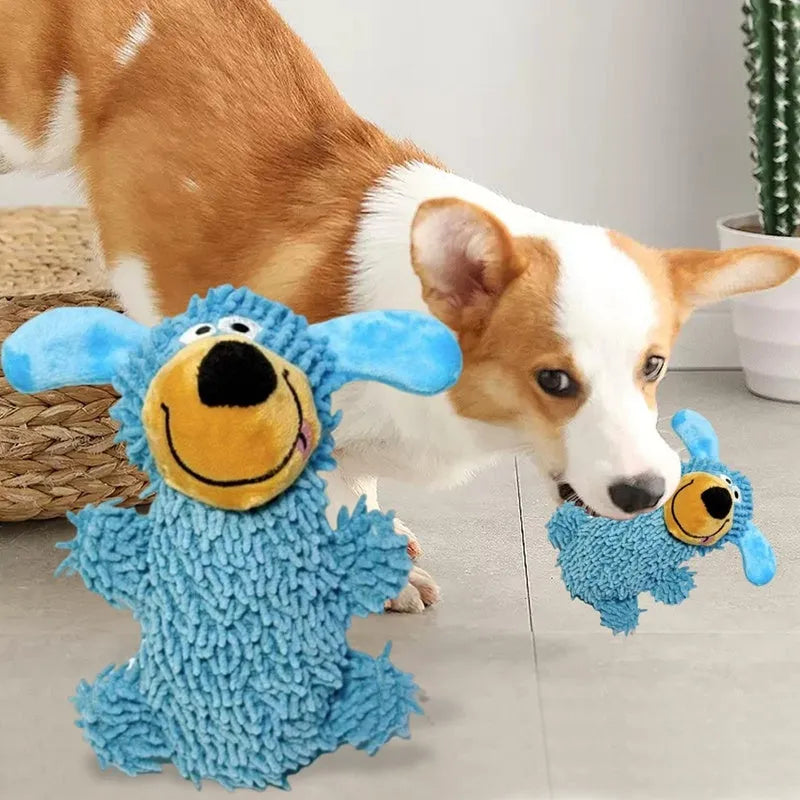 Blue plush dog-shaped squeaky toy for puppies and dogs, soft fabric with cheerful face