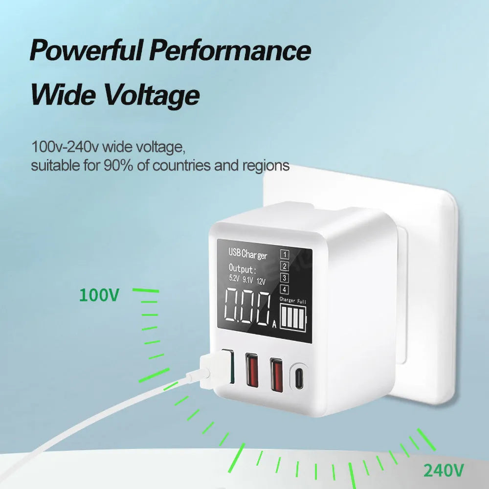White 4-port travel charger with smart display and selectable international plugs including UK US EU AU standards