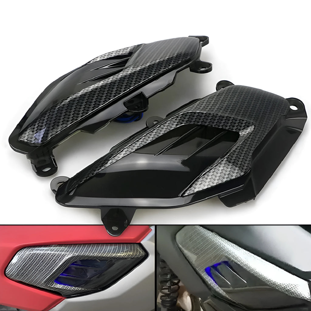Yamaha NMAX LED side lamp replacement kit with carbon fibre decoration showing ABS plastic construction