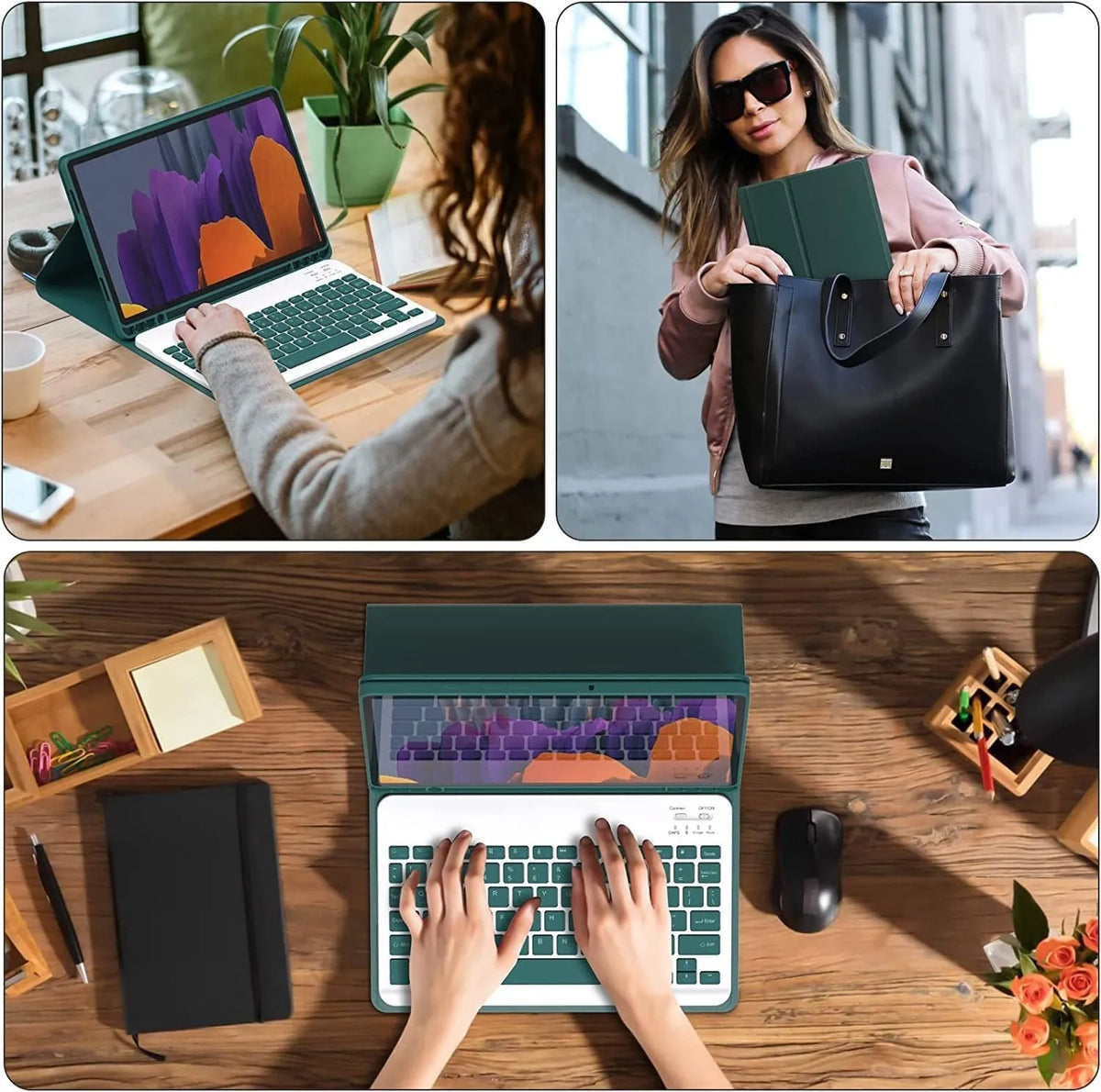 Soft TPU tablet protective case with integrated Bluetooth keyboard and separate charging mouse in Dark Green.