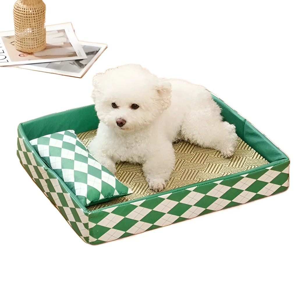 Blue rattan cat litter mat with bamboo frame serving as elevated cooling bed