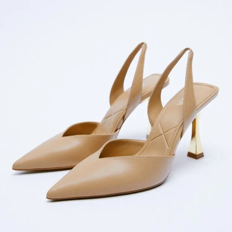 Korean-style women's pointed high heels in patent leather with shallow mouth cut, black and apricot colours