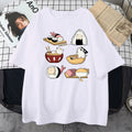 Men's black cotton T-shirt with cute cat sushi cartoon graphic, loose fit short sleeves