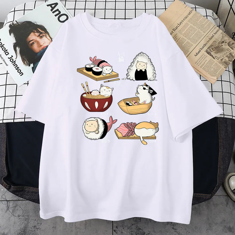 Men's black cotton T-shirt with cute cat sushi cartoon graphic, loose fit short sleeves