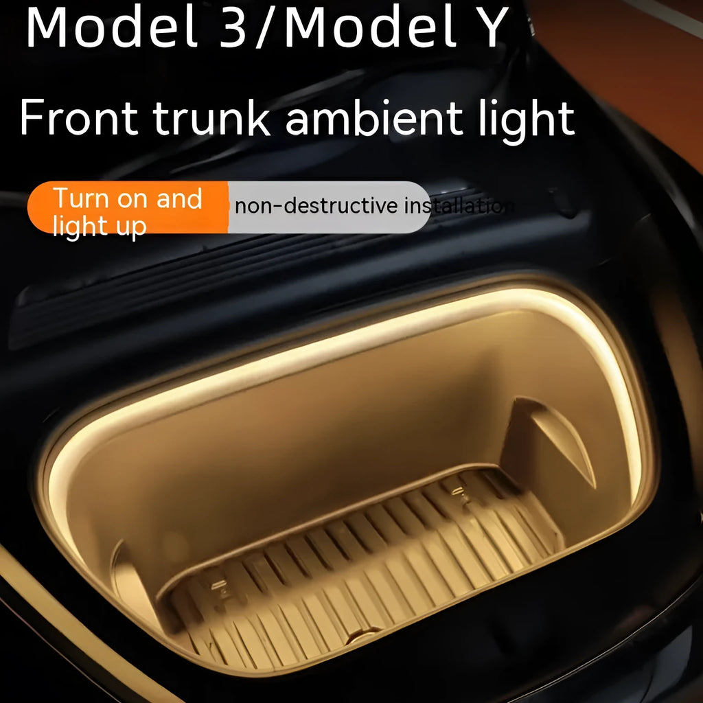 Tesla Model 3 front console illuminated by a soft silicone LED ambient light bar.