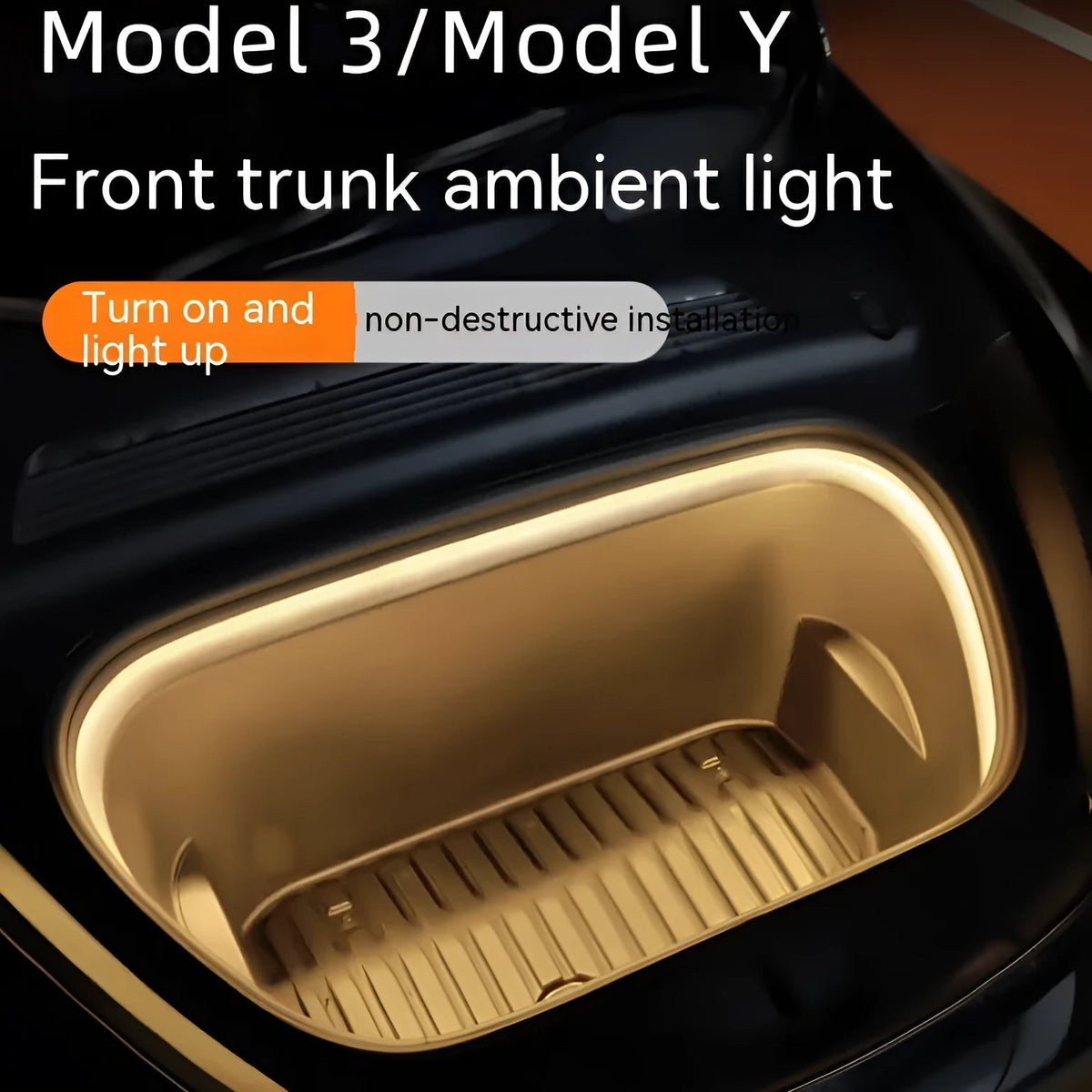 Tesla Model 3 front console illuminated by a soft silicone LED ambient light bar.