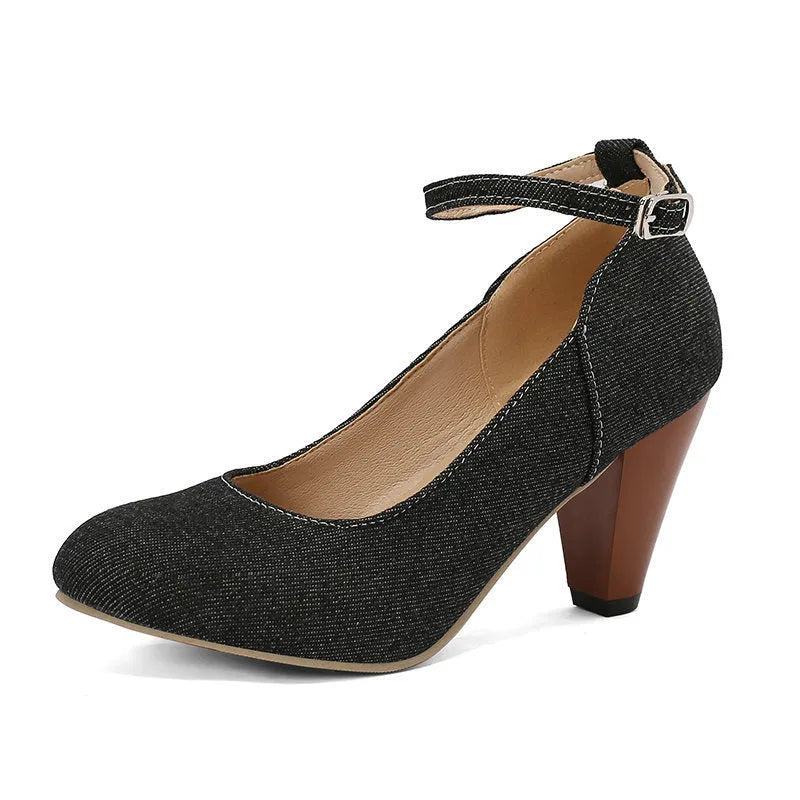 Women's blue denim platform high heel shoes with buckle fastening and round toe