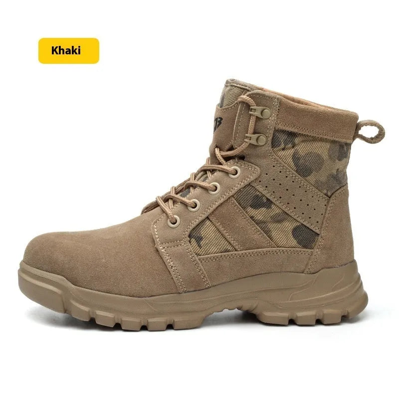 Khaki suede high-top safety combat boots with a steel toe cap and front lace-up closure on a rubber sole.