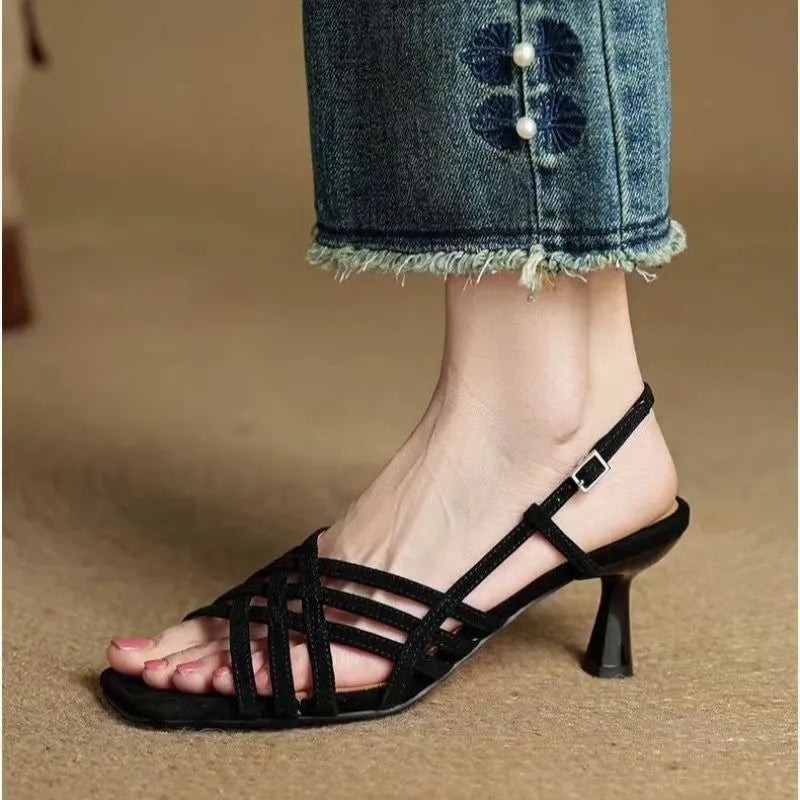 Retro soft leather thin cross strap high heel sandals with square toe and ankle buckle