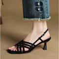 Retro soft leather thin cross strap high heel sandals with square toe and ankle buckle