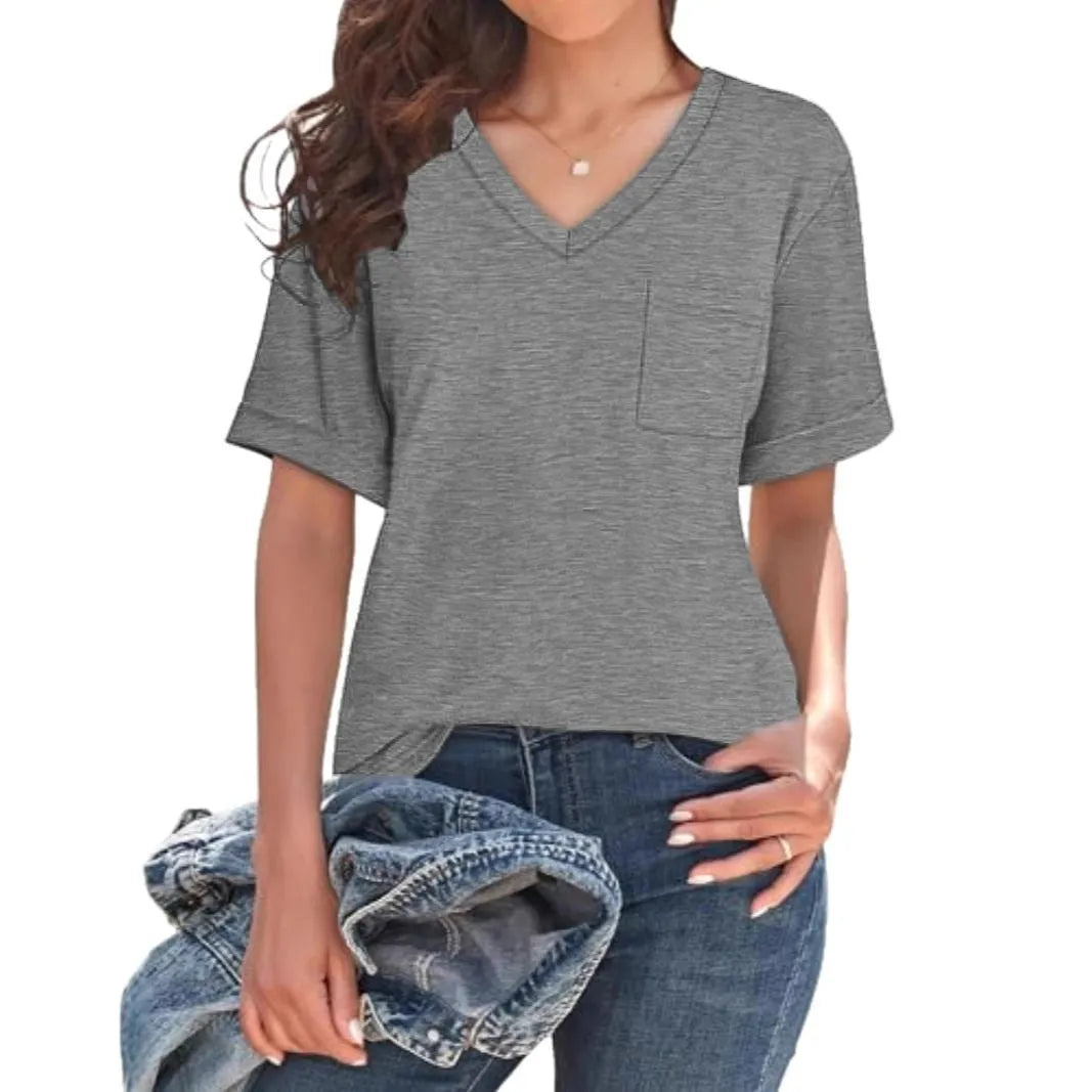 Grey loose fit V-neck T-shirt with pocket and short sleeves on hanger