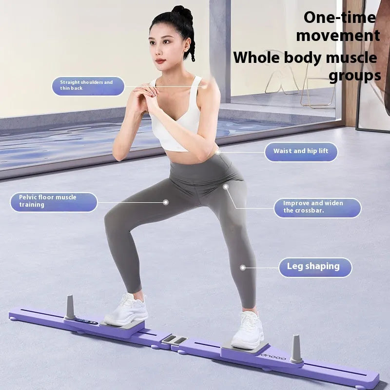 85cm long twilight purple PP plastic split skiing machine trainer supine board on a home floor.