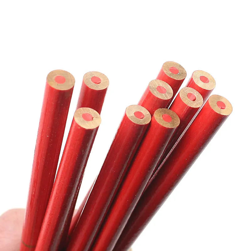 Ten red and blue two-colour round carpenter pencils for woodworking and construction marking