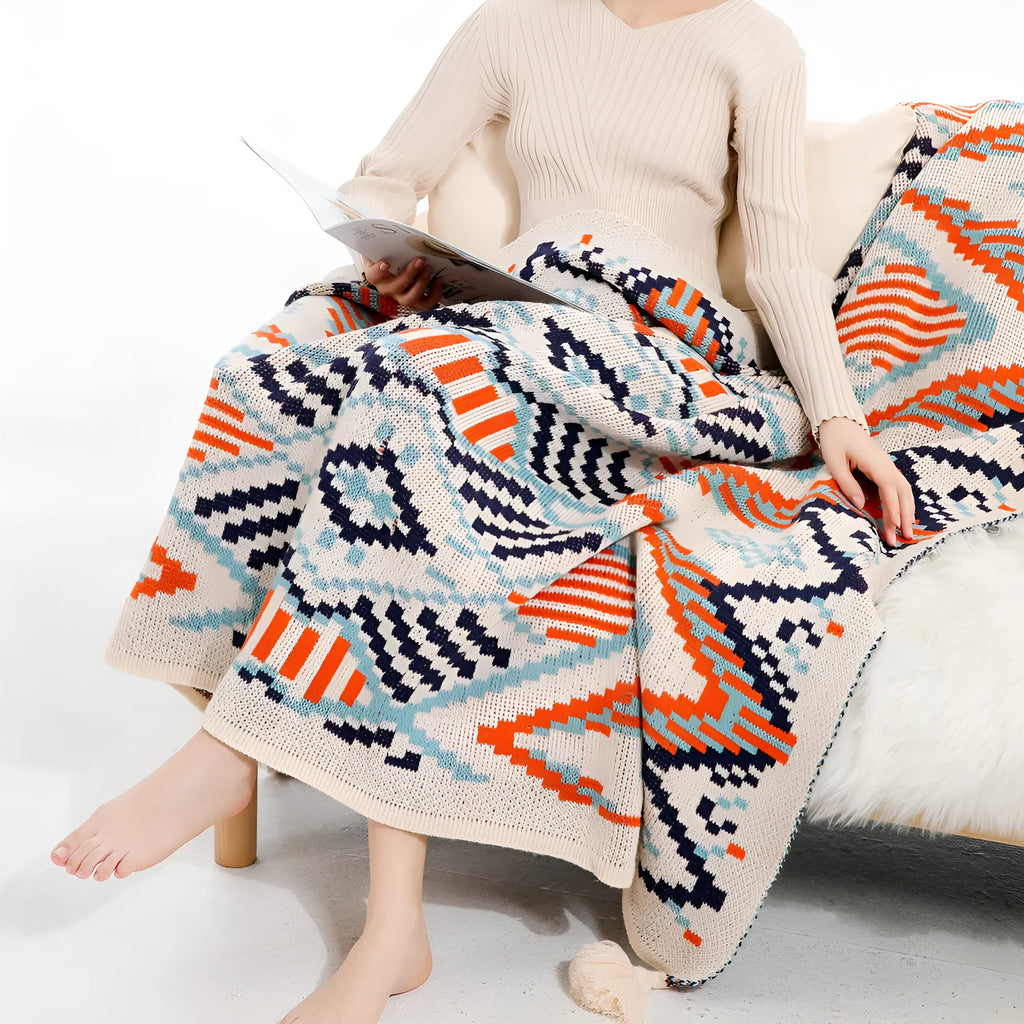 Acrylic sofa blanket with tassels in geometric pattern colour option