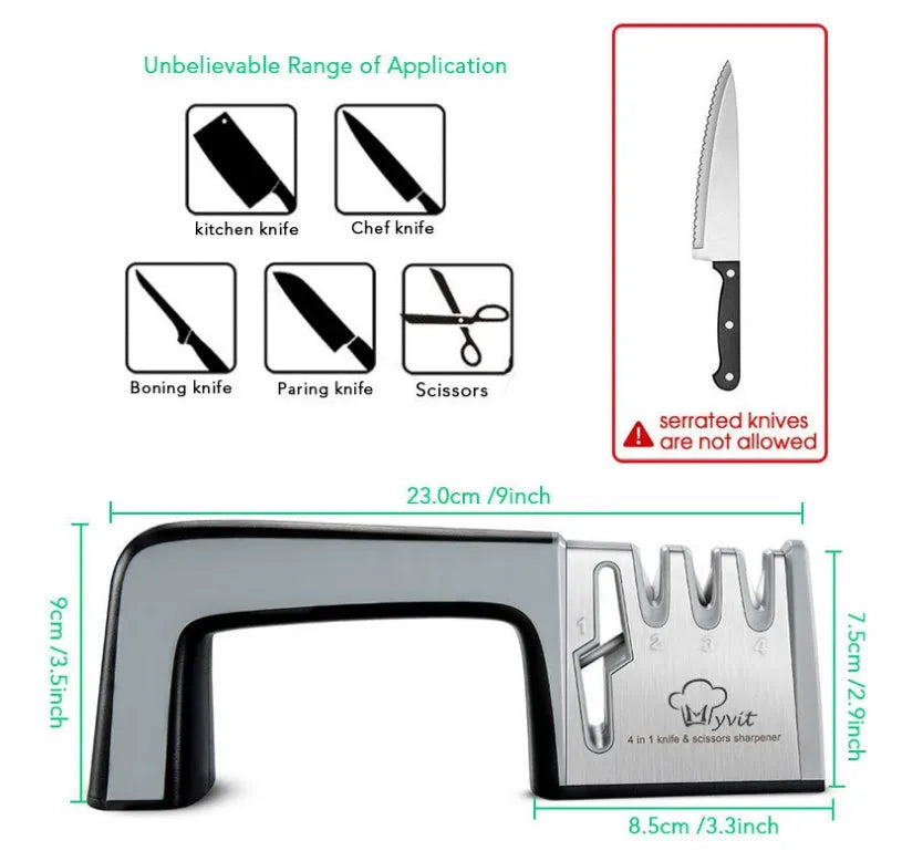4-in-1 kitchen knife sharpener with TPR and ABS handle, 238 x 50 x 67mm, black or cyan colour options