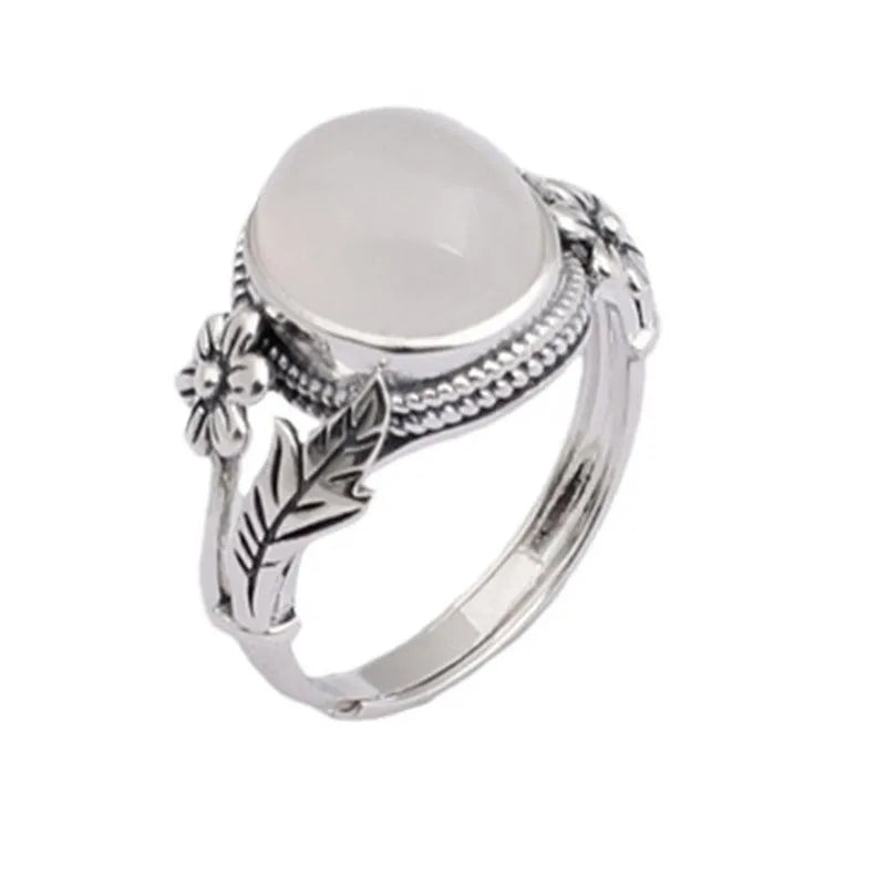 Copper adjustable opening ring with white chalcedony vintage finish and U-shaped design