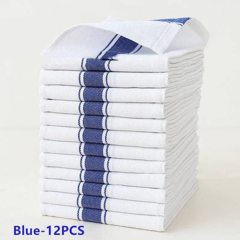 Twelve striped polyester cotton kitchen dish towels measuring 48x70cm in various colours