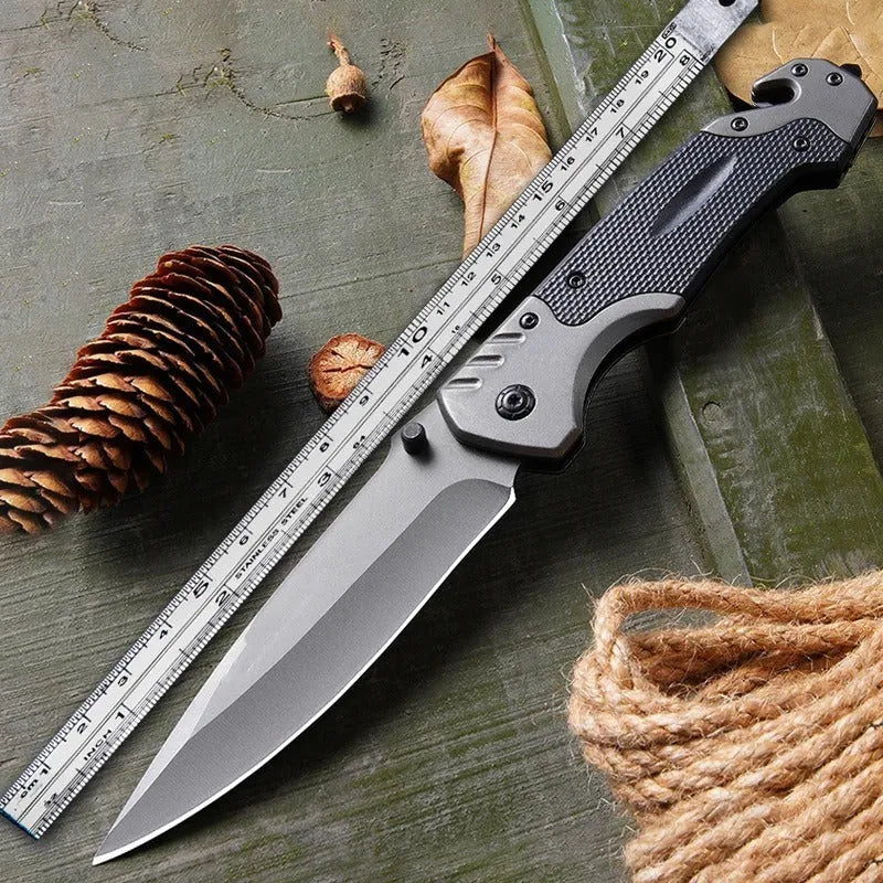 Alloy folding knife showing blade with 60-degree tip angle and 115mm handle length