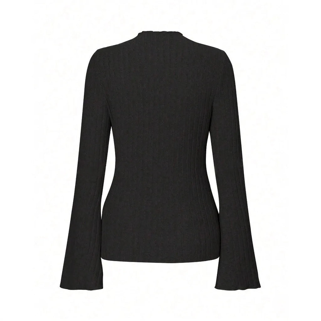 Long sleeve round neck top in black with lantern sleeves and brushed sunken stripe texture
