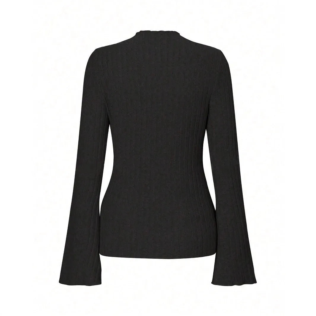 Long sleeve round neck top in black with lantern sleeves and brushed sunken stripe texture