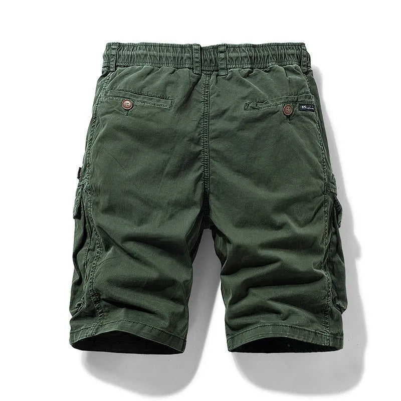 Men's cotton casual shorts in army green with zip fly and multiple pockets.