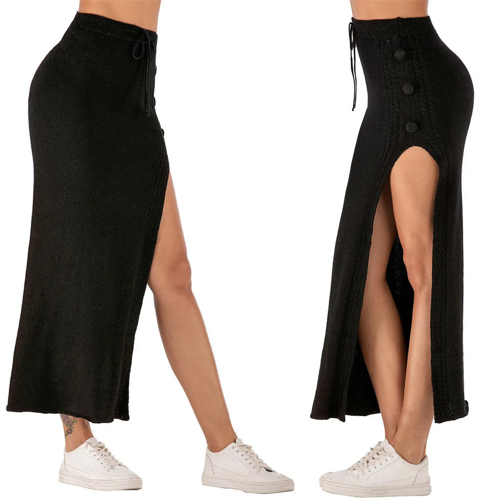 Slim-fit mid-length woolen skirt with side split detail in acrylic fabric showing black, grey and pink colour options