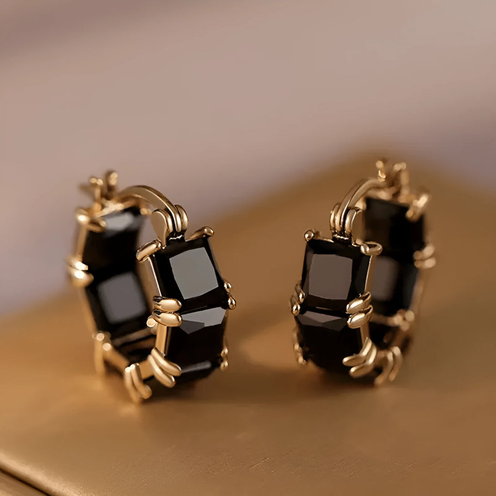 Geometric U-shaped women's earrings with round crystal zirconium stones in copper with gold electroplating