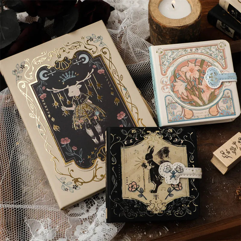 THALO Gothic style A5 notebook with rabbit, forest, or red fruit cover art, showing 40g wood pulp paper.