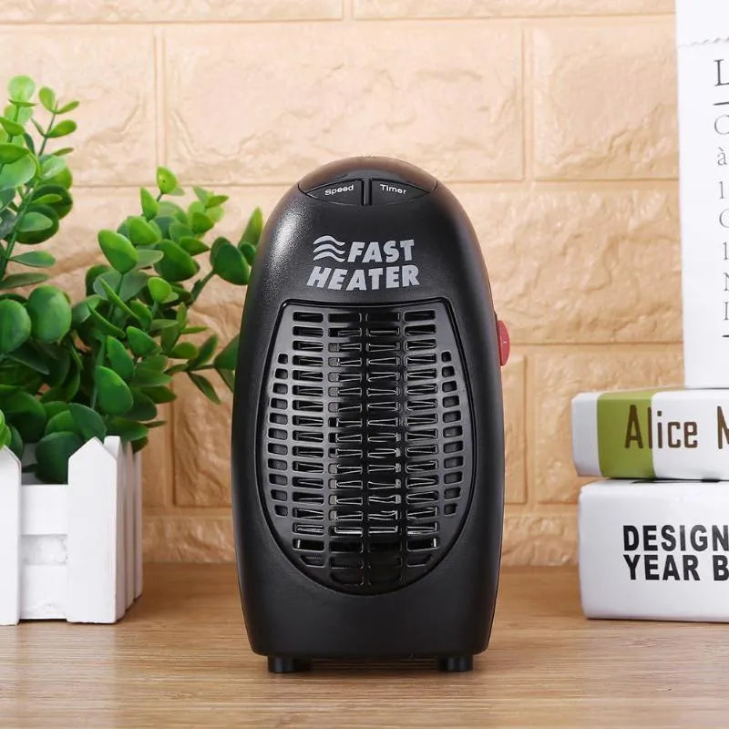 Black compact ceramic electric heater with digital display and a rotating three-prong plug.