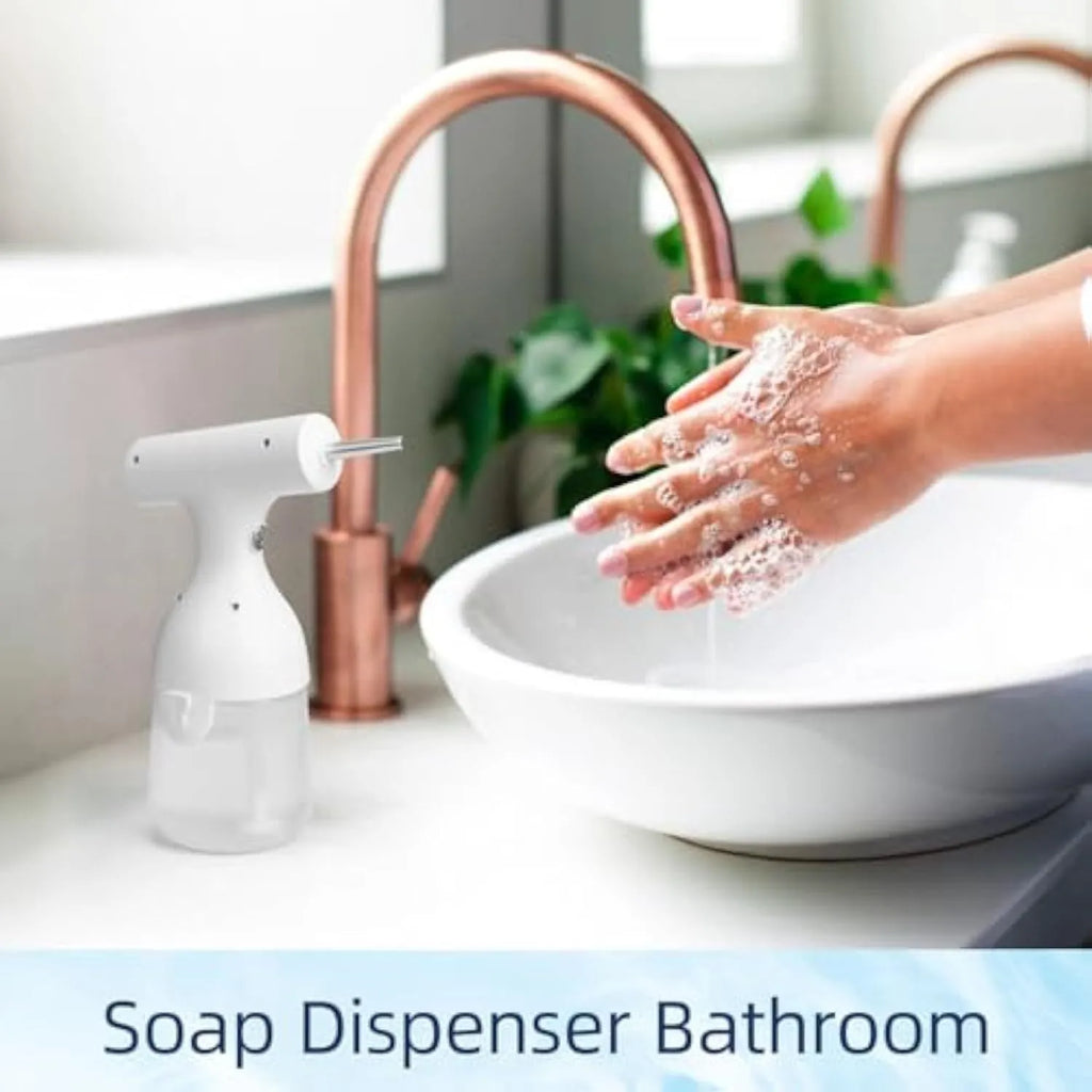 White electric foam soap dispenser with two nozzles and USB cable for rechargeable pet and home cleaning.