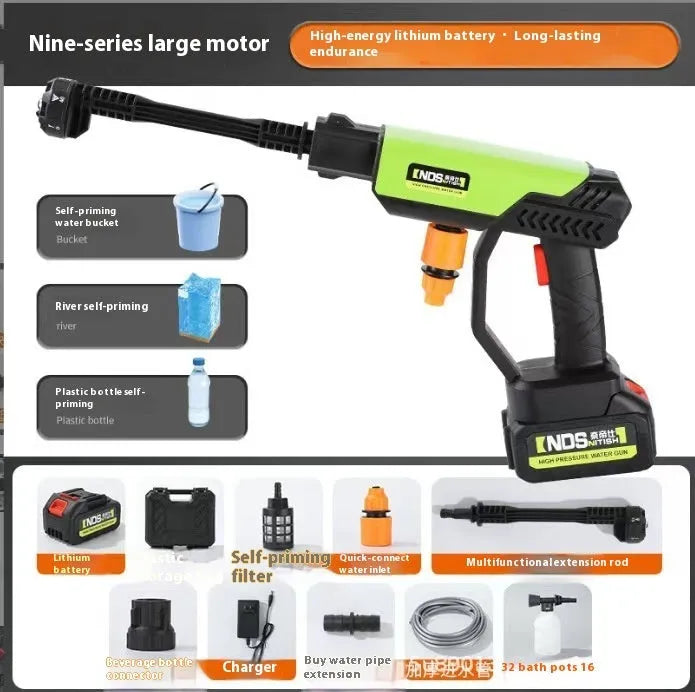 Green wireless high-pressure water gun with six-in-one nozzle and accessories including extension rod and foam pot.
