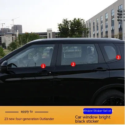 Packages of bright black and carbon fibre pattern adhesive films for Mitsubishi Outlander window pillars.