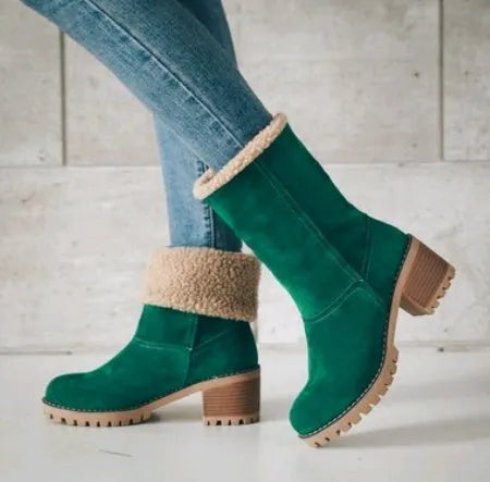 Women's suede mid-tube snow boots with beef tendon sole and waterproof platform in multiple colours